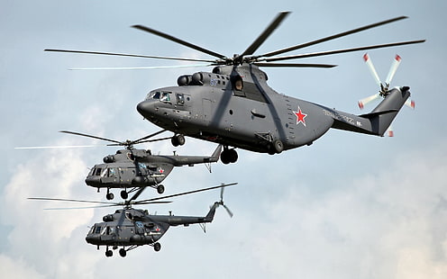 три черных вертолета, вертолеты Ми-Ми-17, Ми-Ми-26, ВВС России, военный самолет, автомобиль, HD обои HD wallpaper