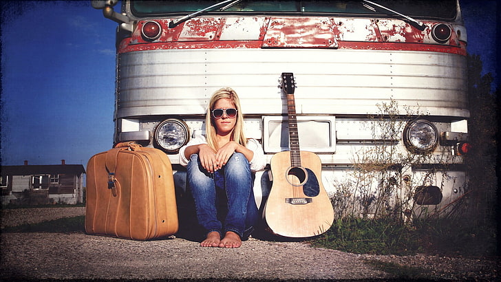 women, blonde, sunglasses, guitar, HD wallpaper