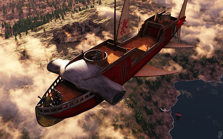 man riding an airship game screenshot, fantasy art, airships, digital art, artwork, render, nature, landscape, HD wallpaper