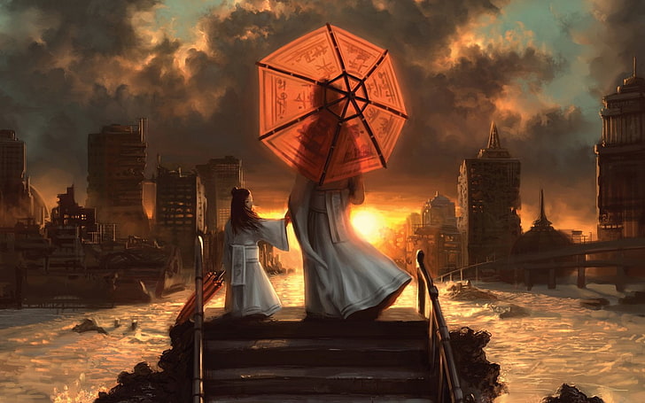 woman holding red umbrella digital art, Artistic, Painting, City, Girl, Water, Woman, HD wallpaper