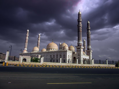 iêmen, mesquita saleh, arquitetura, nuvens escuras, outros, HD papel de parede HD wallpaper