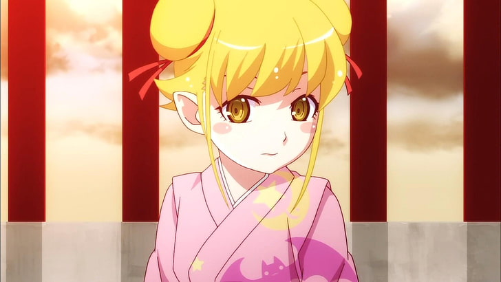 blond hår kvinnlig anime karaktär bär klänning, Monogatari serien, Oshino Shinobu, blond, HD tapet