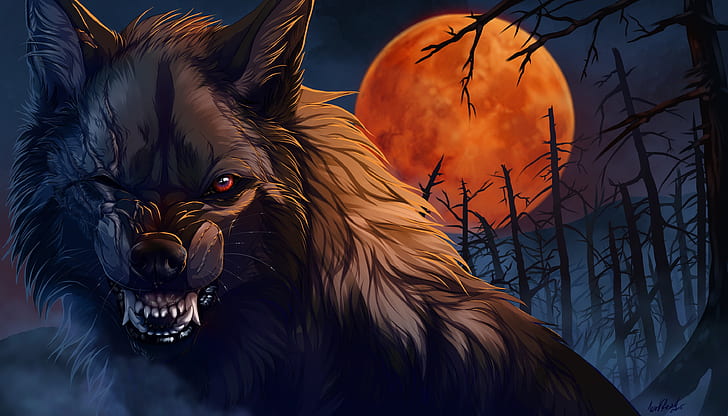 night, wolf, wool, mouth, fangs, werewolf, art, scars, evil eye, blood Moon, mater, dead forest, Wolfroad, HD wallpaper