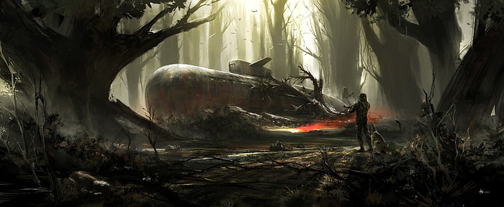 скриншот видеоигры, подводная лодка, произведение искусства, лес, Fallout, Fallout 4, видеоигры, солдат, HD обои