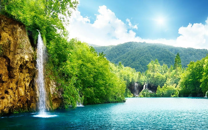 paisaje, cascada, acantilado, lago, bosque, Fondo de pantalla HD