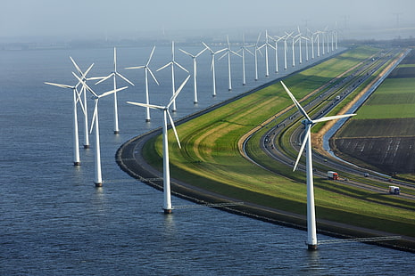 white windmills, white windmill lot, windmill, Netherlands, road, sea, car, field, wind farm, highway, coast, HD wallpaper HD wallpaper