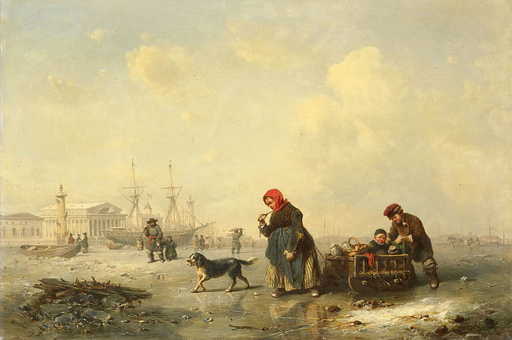 Ferdinand Theodor Hildebrandt, zima, ludzie, sztuka klasyczna, grafika, malarstwo, pejzaż miejski, St. Petersburg, Tapety HD