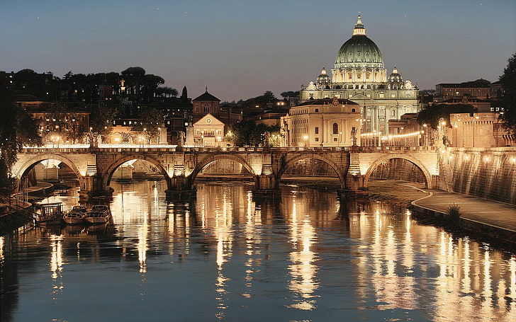architecture, bridges, bright, building, buildings, cathedrals, church, cities, glisten, italy, lights, night, peter, pietro, reflection, rivers, rome, san, scenic, shine, sky, stars, tiber, water, world, HD wallpaper