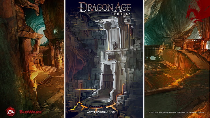 three assorted-title game posters, dragon age origins, castle, cave, dragon, light, HD wallpaper