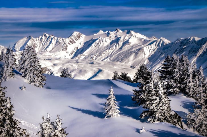 зима, снег, деревья, горы, Швейцария, ели, Пеннинские Альпы, HD обои