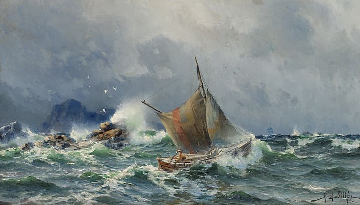 wave, birds, stones, rocks, sail, boat, Herman Gustav Sillen, Stormy sea, HD wallpaper
