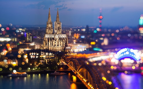 Köln, Almanya, Köln Katedrali, Rhein Nehri, köprü, şehir gece ışıkları, Köln, Almanya, Katedral, Rhein, Nehri, Köprü, Şehir, Gece, Işıklar, HD masaüstü duvar kağıdı HD wallpaper