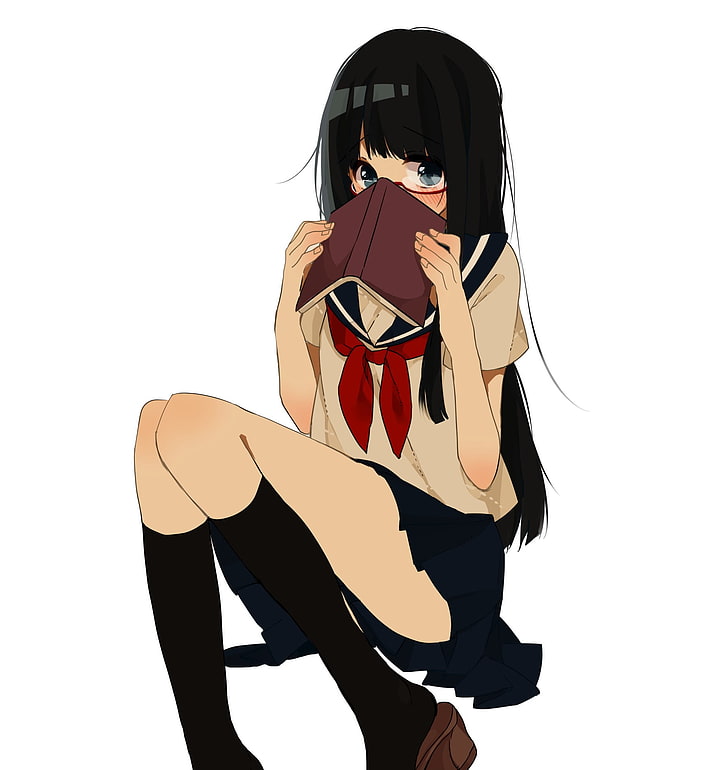 anime girls, shy, school uniform, books, HD wallpaper