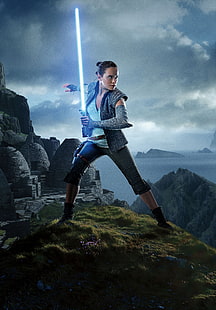 Star Wars, Rey, Star Wars: The Last Jedi, Daisy Ridley, Jedi, film, fiksi ilmiah, lightsaber, Wallpaper HD HD wallpaper