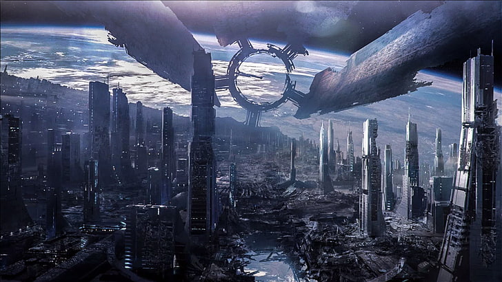 movie scene, space, art, Mass Effect 3, Citadel, space station, Destroyed Citadel, HD wallpaper