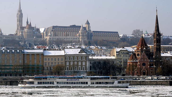 winter, snow, river, Hungary, Budapest, tower, cruise ship, church, building, Donau, ice, cityscape, HD wallpaper