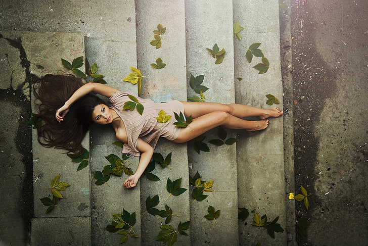women, model, stairs, lying down, photography, looking at viewer, HD wallpaper