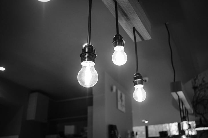 black and white, blur, bright, bulbs, ceiling, close up, focus, glass, hanging, illuminated, incandescent, indoors, interior design, light bulb, lightbulbs, lights, monochrome, HD wallpaper