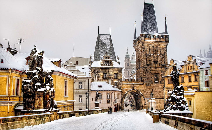 Winter In Prague, beige and gray house, Seasons, Winter, prague, Czech, HD wallpaper