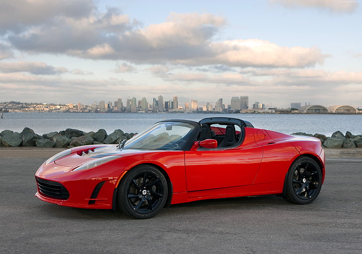Tesla Roadster Sport, Mobil Listrik tercepat, mobil listrik, merah, mobil sport, Wallpaper HD