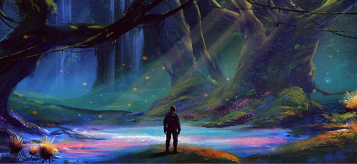 person standing in front of lake painting, artwork, fantasy art, concept art, forest, nature, HD wallpaper