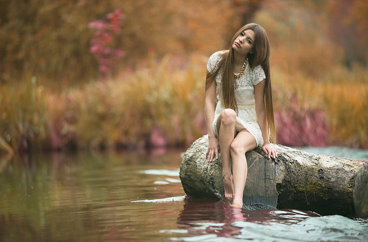дамска бяла флорална рокля с капачка-ръкав, лято, момиче, река, Даниела, HD тапет