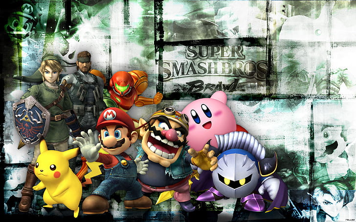 Super Smash Bros., Super Smash Bros. Brawl, Kirby, Link, Mario, Meta Knight, Pikachu, Samus Aran, Solid Snake, Wario, HD wallpaper