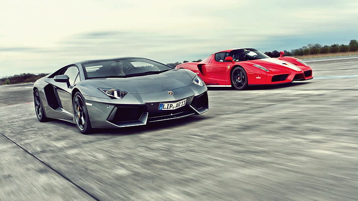 Lamborghini Aventador Ferrari Enzo F60 Motion Blur HD, два роскошных автомобиля, автомобили, размытие, движение, lamborghini, ferrari, авентадор, enzo, f60, HD обои