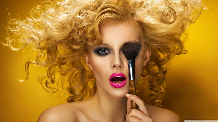black and brown makeup brush, blonde, model, makeup brush, makeup, curly hair, portrait, yellow background, fashion, face, women, HD wallpaper