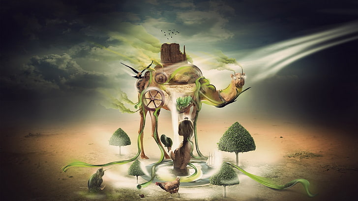 illustration de chameau brun et vert, chameaux, surréaliste, roues, fumée, serpent, poulets, arbres, désert, œuvres d'art, art numérique, ciel, Fond d'écran HD