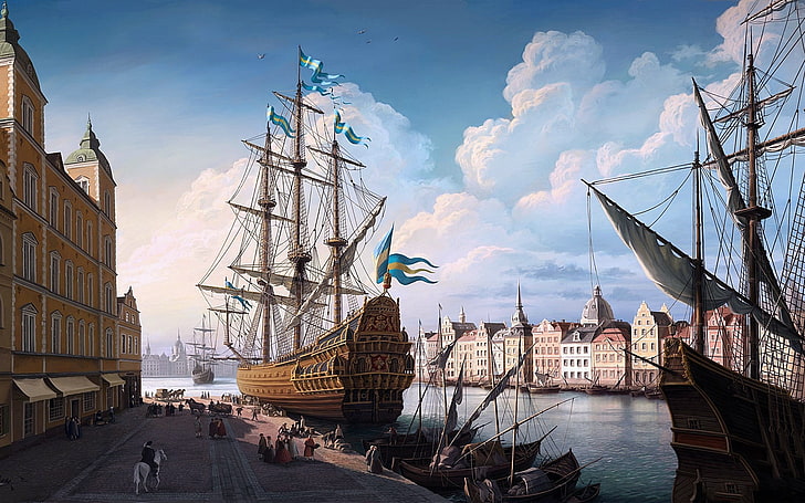 茶色のガレオン船、帆船、海、絵画、アートワーク、ドック、港、建物、ボート、通り、家、雲、群衆、歴史、古典芸術、 HDデスクトップの壁紙