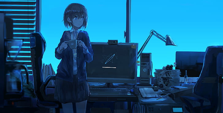 anime dziewczyny, biuro, niebieski, filiżanka, Tapety HD