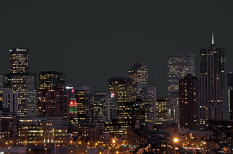 fotografering av stadens nattliv, Denver, Denver, Skyline, Solnedgång, fotografi, Stad, nattliv, lång exponering, I25, natt, stadsbild, stadshorisont, skyskrapa, stadsbild, arkitektur, centrala distriktet, byggd struktur, HD tapet HD wallpaper
