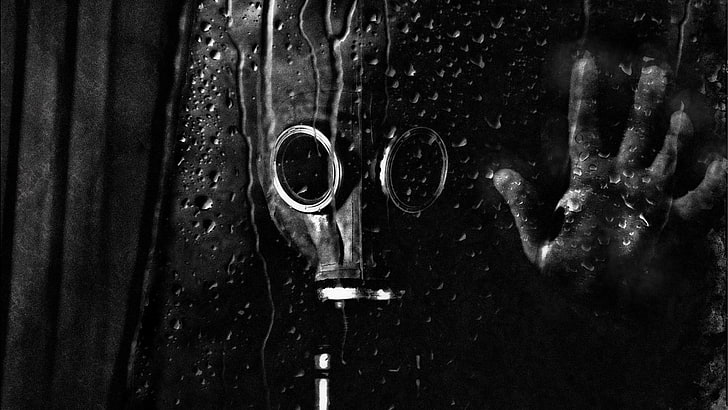 black gas mask, gas masks, water drops, monochrome, HD wallpaper