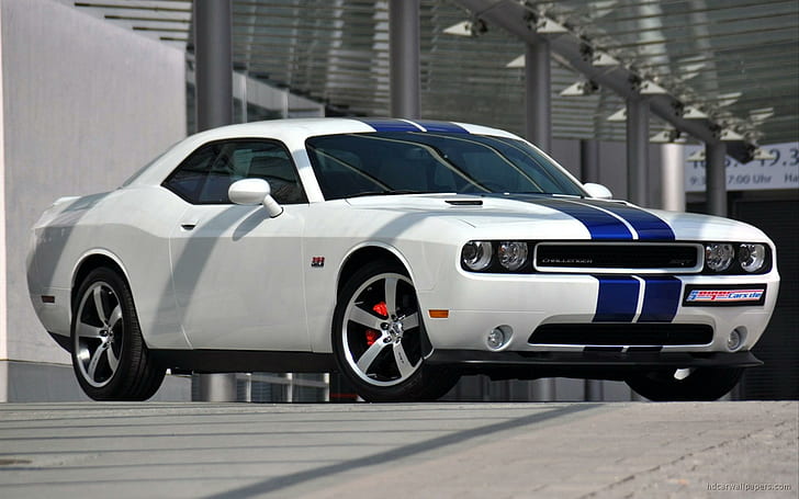 2011 Dodge Challenger SRT8, бело-синее купе, 2011 год, Dodge, Challenger, SRT8, автомобили, HD обои