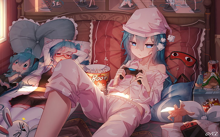 Hatsune Miku, na cama, Vocaloid, cabelo azul, cabelos longos, gamepad, garotas de anime, 夜 夜 QYS3, HD papel de parede
