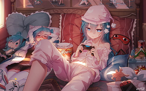 Hatsune Miku, w łóżku, Vocaloid, niebieskie włosy, długie włosy, gamepad, anime dziewczyny, 千 夜 QYS3, Tapety HD HD wallpaper