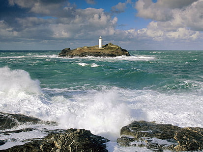 Wellen, Wolken, Meer, Insel, Leuchtturm, HD-Hintergrundbild HD wallpaper