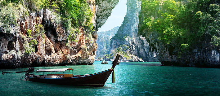 Таиланд, тайский, море, природа, остров, лодка, корабль, скалы, ковчег, вода, отдых, отдых, HD обои HD wallpaper