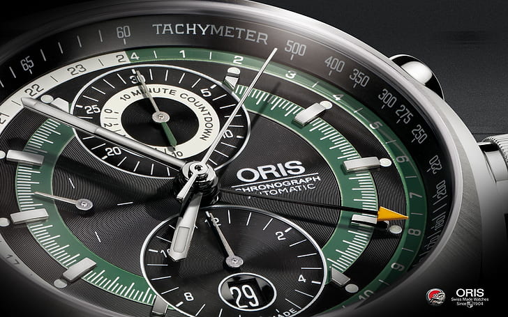 Oris Chronograph, black and green oris chronogrpah automatic watch, time, watch, clock, luxury, HD wallpaper