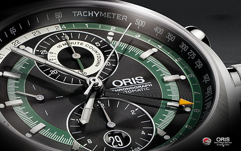 Oris Chronograph, black and green oris chronogrpah automatic watch, time, watch, clock, luxury, HD wallpaper HD wallpaper