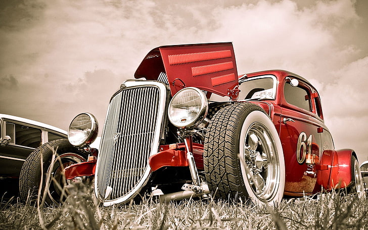 classic red vehicle, old car, Roadster, tuning, HD wallpaper
