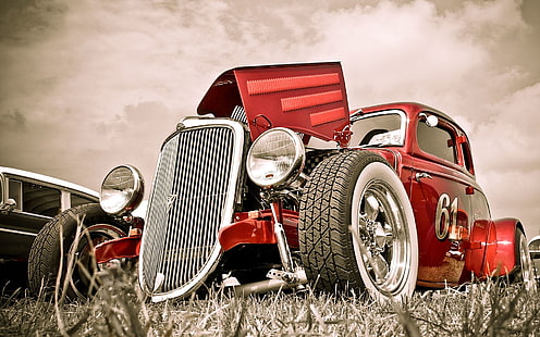 سيارة حمراء كلاسيكية ، سيارة قديمة ، رودستر ، ضبط، خلفية HD HD wallpaper
