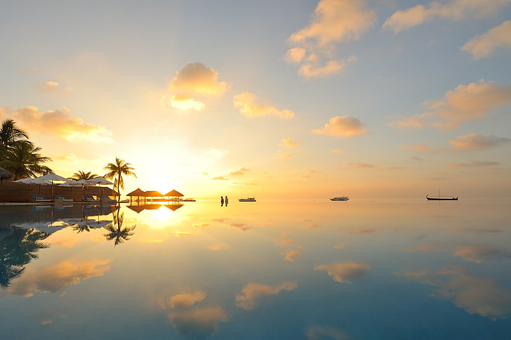 جزر المالديف ، 4K ، غروب الشمس ، منتجع الجزيرة، خلفية HD