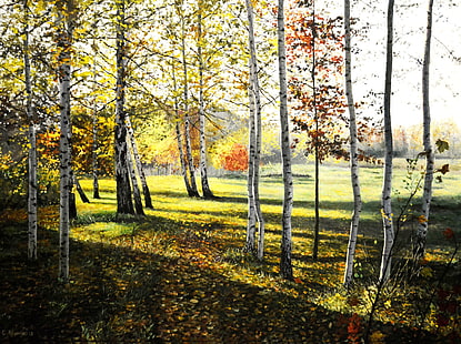 лесные деревья, масло, картина, холст, художник С. Луценко, «Теплый день», HD обои HD wallpaper