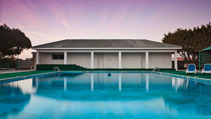бассейн, домик, деревья, пурпурное небо, задний двор, HD обои