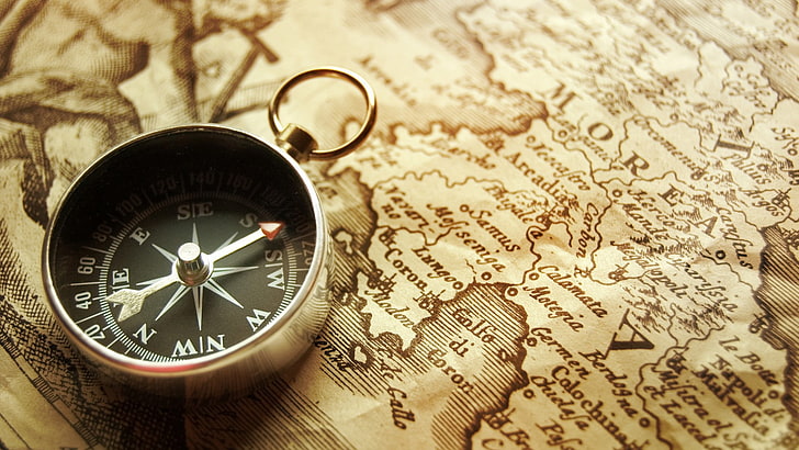 silver compass, compass, map, old, vintage, drawing, macro, beige, arrows (design), text, numbers, HD wallpaper