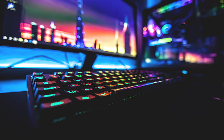 hitam RGB gaming keyboard, penuh warna, neon, komputer, keyboard, PC gaming, Wallpaper HD