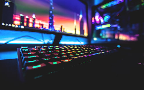 لوحة مفاتيح سوداء للألعاب RGB ، ملونة ، نيون ، كمبيوتر ، لوحات مفاتيح ، ألعاب كمبيوتر، خلفية HD HD wallpaper