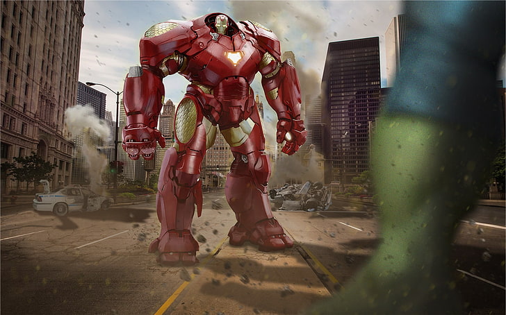 Marvel Iron-Man illustration, armor, art, hulk, iron man, avengers, Avengers: Age of Ultron, hulkbuster, HD wallpaper